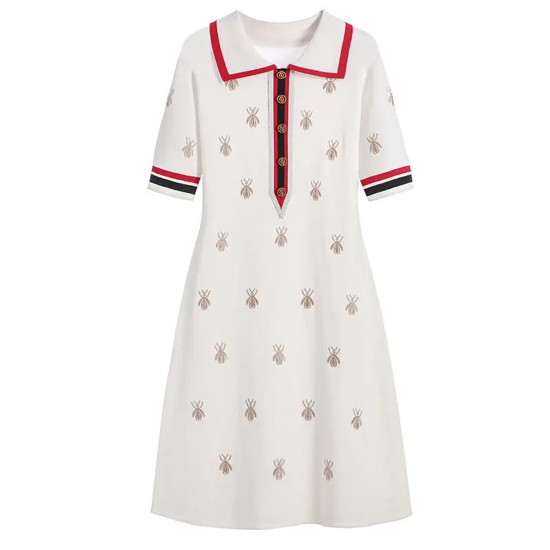 Cotton Knit Summer Dress for Women bee Embroidered Polo Dress Female Knee-length Straight Popular Casual White Sexy Dresses