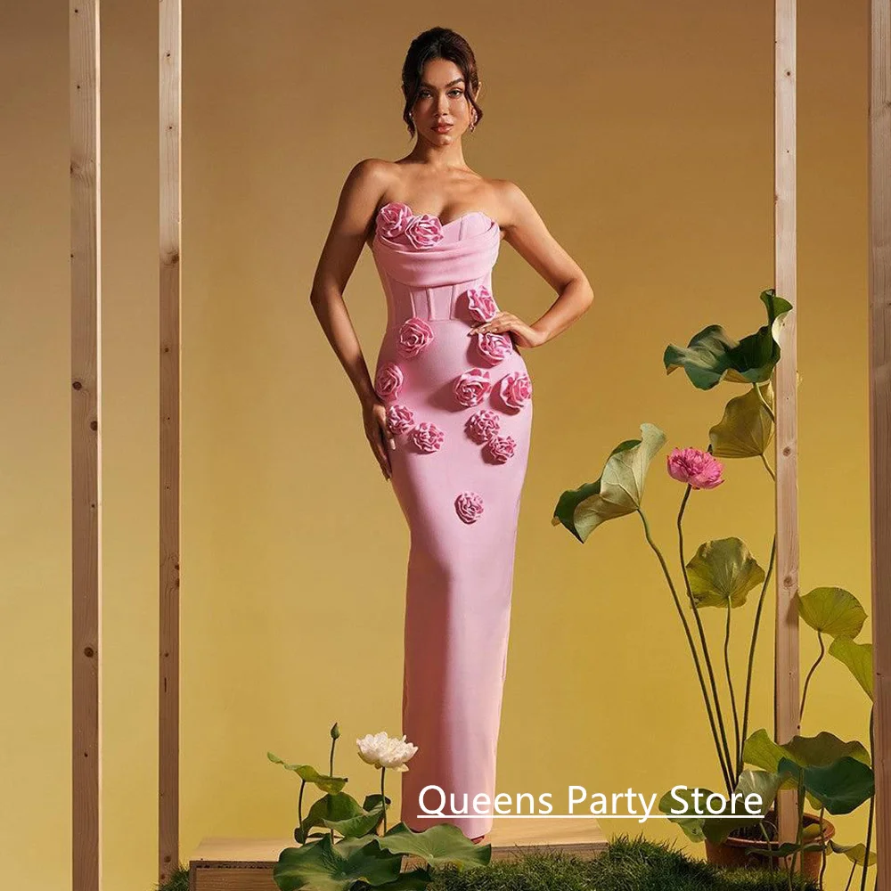 

Saud Arabic Pink Evening Dress Customized Sweetheart Sleeveless Handmade Flowers Mermaid Party Gown Prom Dresses Robe Soiree
