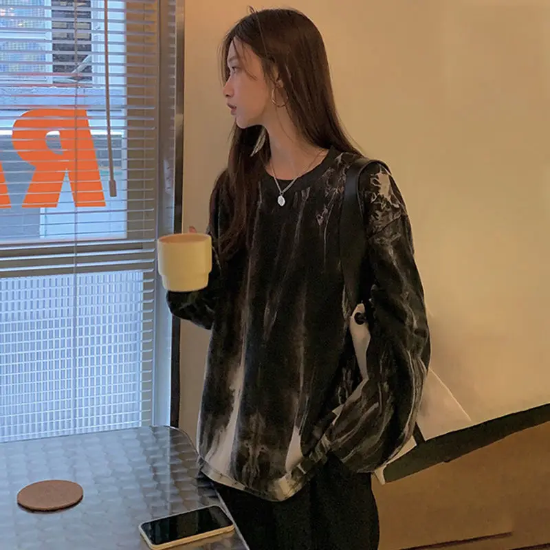 Fall Tie Dye Print Women O Neck Long Sleeve T Shirts Korean Fashion Highstreet Harajuku 2xl Oversized Clothing Tops Black Unisex