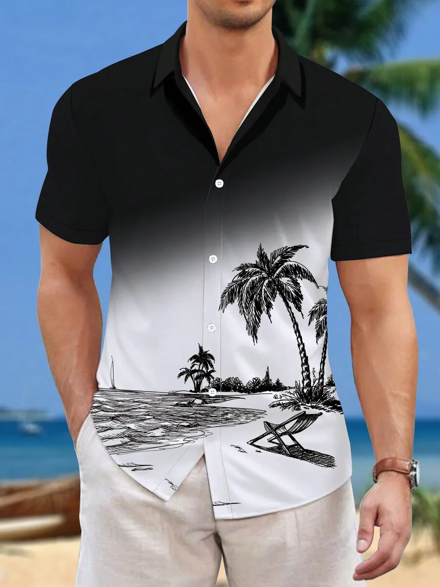 

Men's Gradient Black to White Beach Print Short Sleeve Casual Shirt