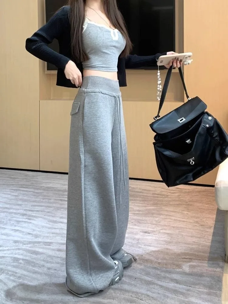 Damen-Sweatpants mit hoher Taille und geradem Bein, gerippter Bund, amerikanische Freizeitmode, weite Beine, angenehmes Tragegefühl, Sportmode – Detail 8