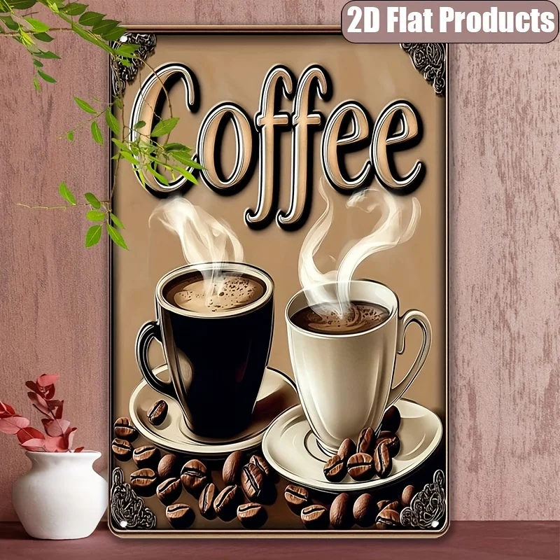 [Vintage Metal Wall Art] Vintage Coffee-Themed Art Sign -  Design, Retro Decor with Steaming Cups & Beans, Wall-Mountable for Ho