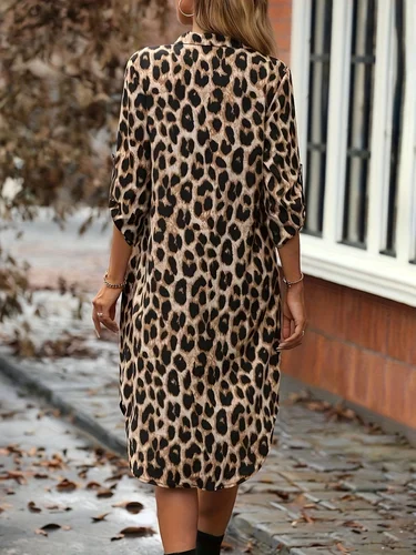 Imagen 2 del producto Nuevo vestido camisero elegante de leopardo de verano para mujer, vestidos largos rectos informales holgados con cuello vuelto a media pantorrilla