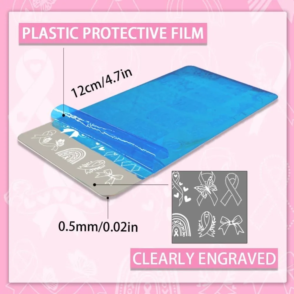 3pcs Pink Ribbon Nail Stamp Plate Ribbon Bows Pattern Print Art Template Steel Nail Image Plate with Stamper and Scrape