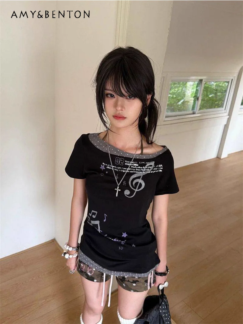 

Big Girls American Style Faux Two-piece Color Block Polka Dot Print One-shoulder Short Sleeve T-shirt Kids Summer New Slim Top