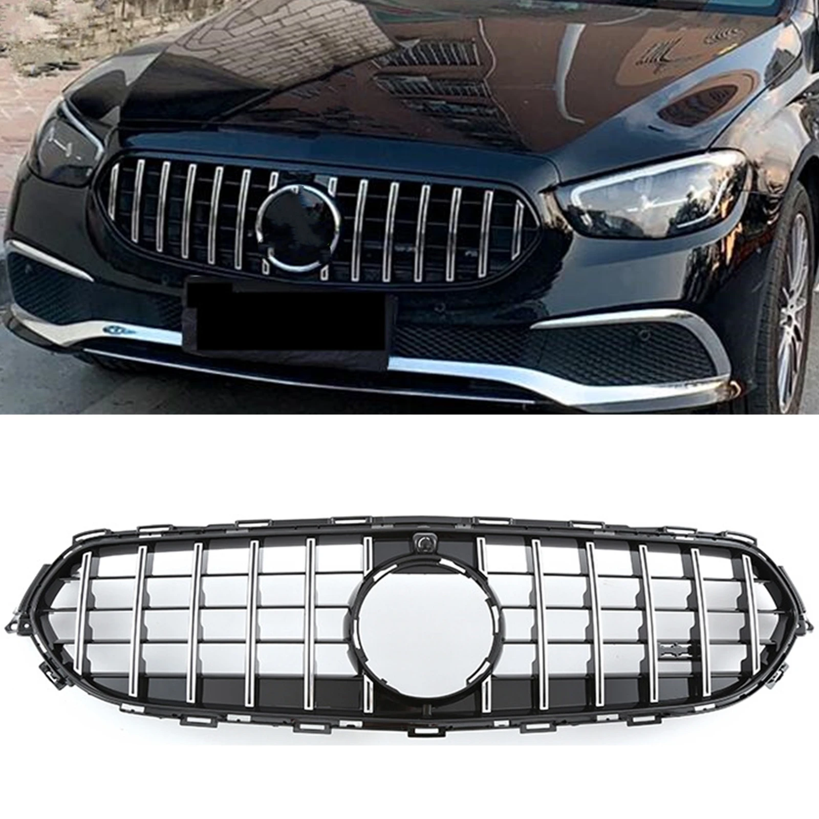 

GT Style Front Grille For Mercedes Benz E Class W213 2021-2022 Silver Car Upper Bumper Intake Hood Mesh Grid Grill W/Camera Hole