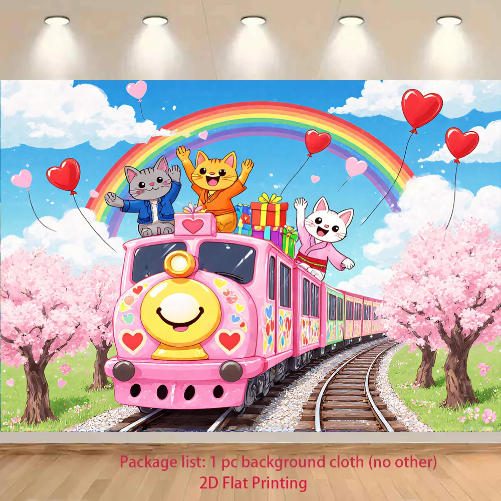 Cute Cat Train Tapestry, Rainbow Cherry Blossom Wall Hanging for Kids Room Decor, Kawaii Animal Art Gift