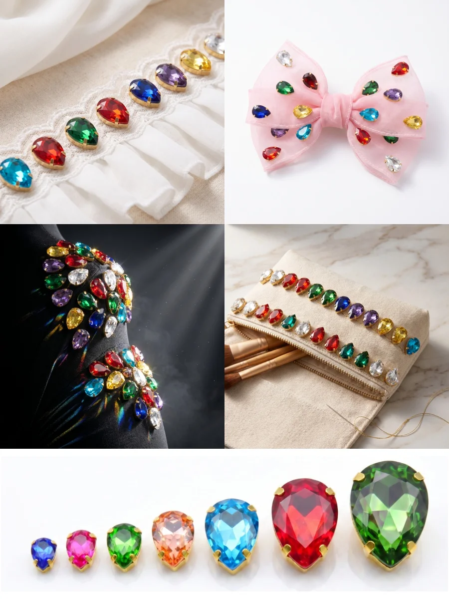 Bunte Glas-Kristall-Goldklauen-Strasssteine in 7 Größen und Farben, tropfenförmig, zum Aufnähen auf Kleidung, DIY-Verzierung – Detail 1