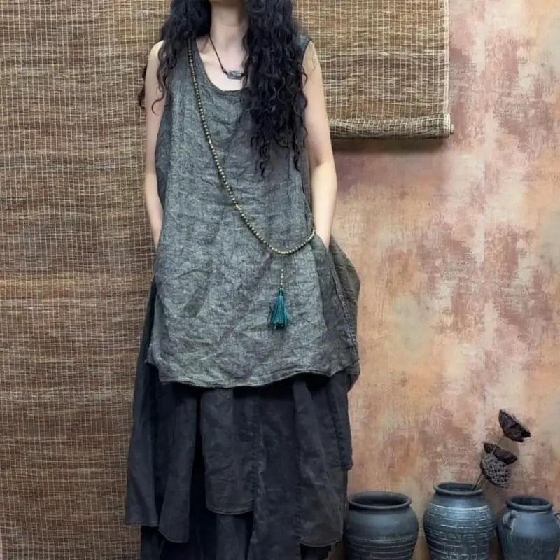 New Arrival Summer Arts Style Women Sleeveless Loose Casual Tank Tops Good Quality Linen Vintage Solid Long Tank Top Femme H165