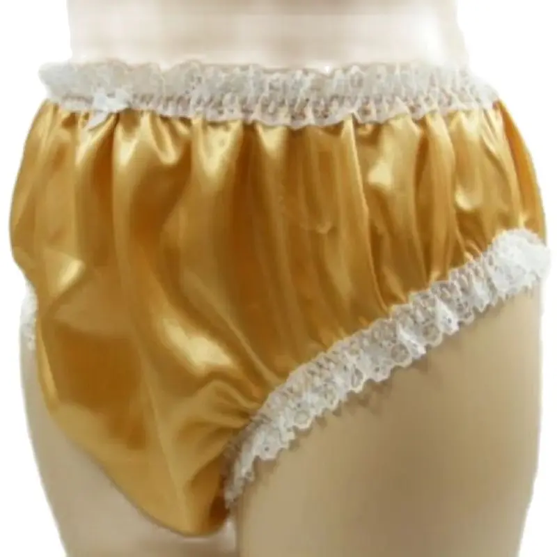 Smooth and Glossy Yellow Satin Patchwork White Lace Inlaid with Pleats Elastic Waist Adult Fetish Triangle Shorts