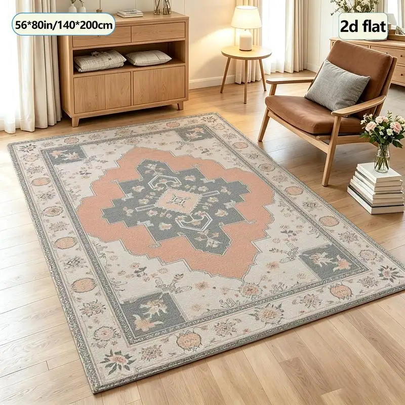 Vintage Oriental Style Medallion Square Carpet Non-Slip Washable Carpet Floor Decorations Home Living Room Bedroom Floor Decor