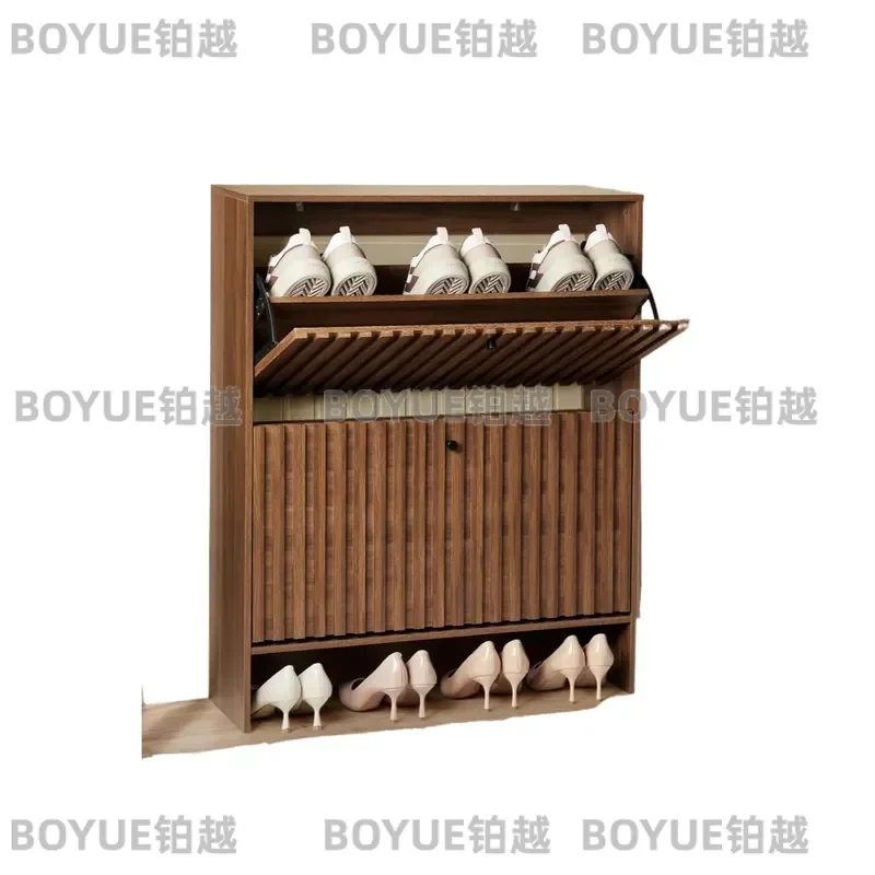 Walnut Shoe Storage Cabinet for Entryway with 2 Flip Drawers Fluted Slim Design Free Standing Customizable Width 31.5 Inch