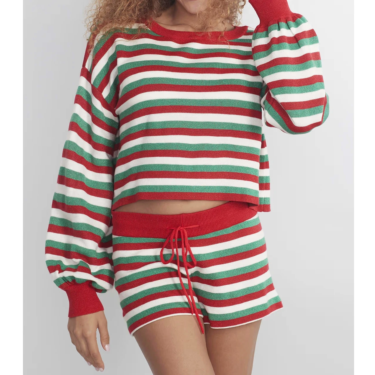 

Christmas Women's Sweater Set Lantern Long Sleeve Crew Neck Striped Knit Crop Tops Drawstring Waist Shorts Sets