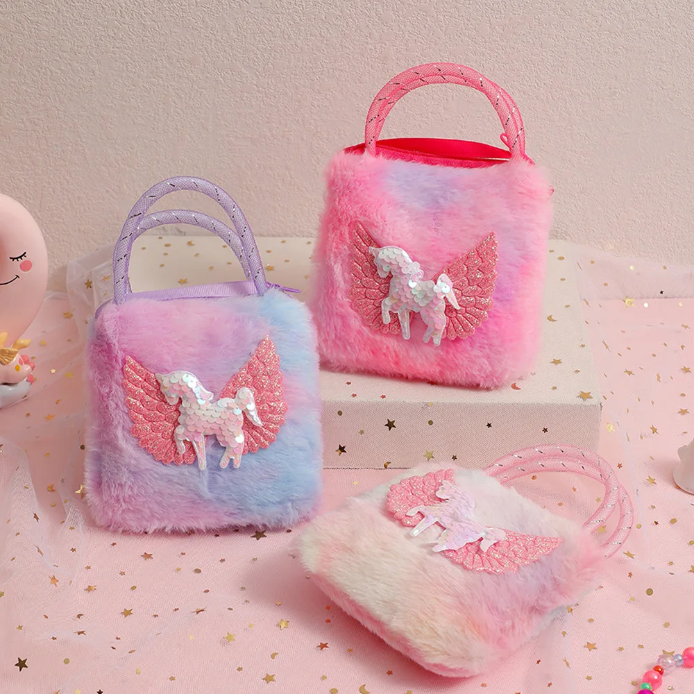 Children's Cartoon Unicorn Shoulder Bag Cute Girl Storage Crossbody Bag Daily Wear Plush Handbag for Women