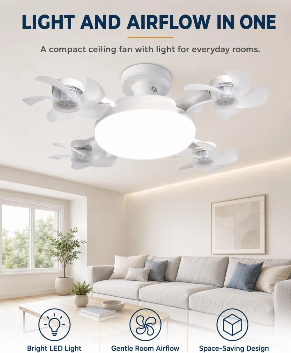 2-in-1 LED Ceiling Fan Light E27 Socket Remote 3-Speed Dimmable Silent Foldable Blades for Bedroom Kitchen