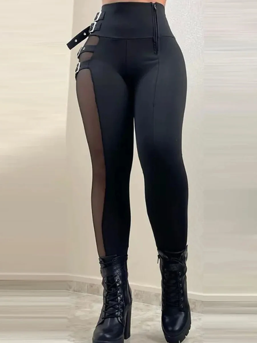 Sexy Mesh Patchwork Buckled High Waist Skinny Pants