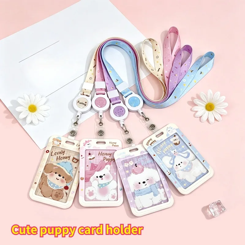 Cute Puppy Retractable Hanging Rope Card Cover, Cartoon Animal Hanging Neck Rice Card Bus Card Protection Cover, Cute Gift