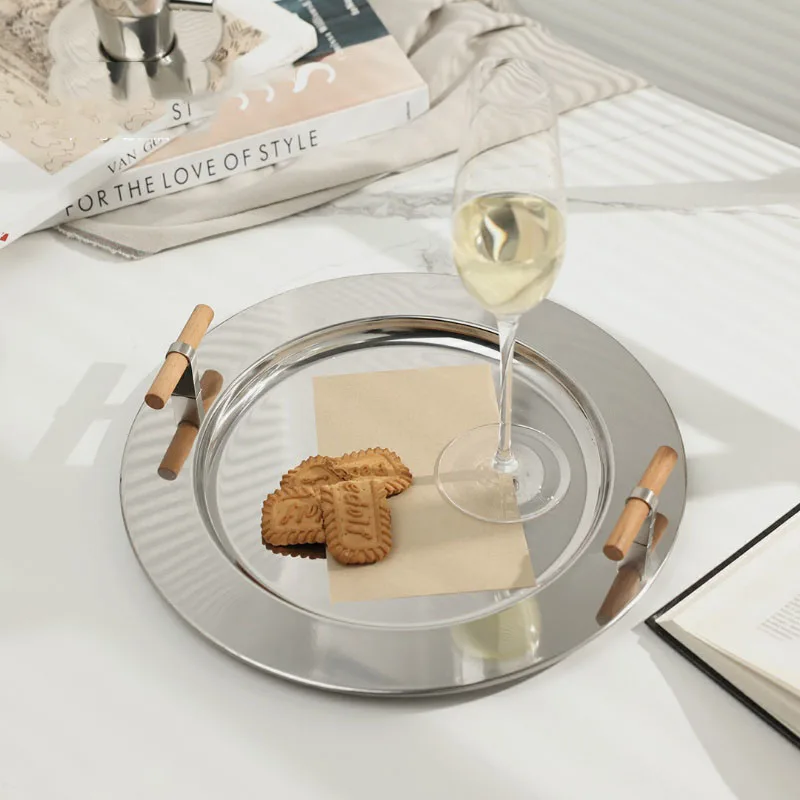 

Modern Home Geometry Creative Stainless Steel Mirror Wood Handle Round Tray Storage Ornament Living Room Fruit Tray Ornament