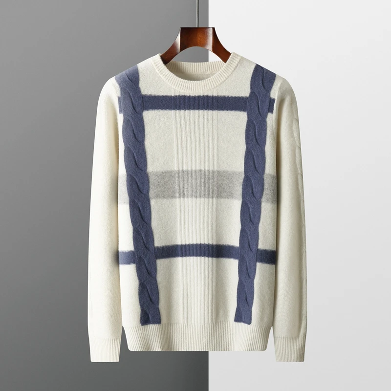 Autumn And Winter New 100% Wool Men's Round Neck Color Matching Knit Bottoming Shirt Business Casual Loose Cashmere Sweater