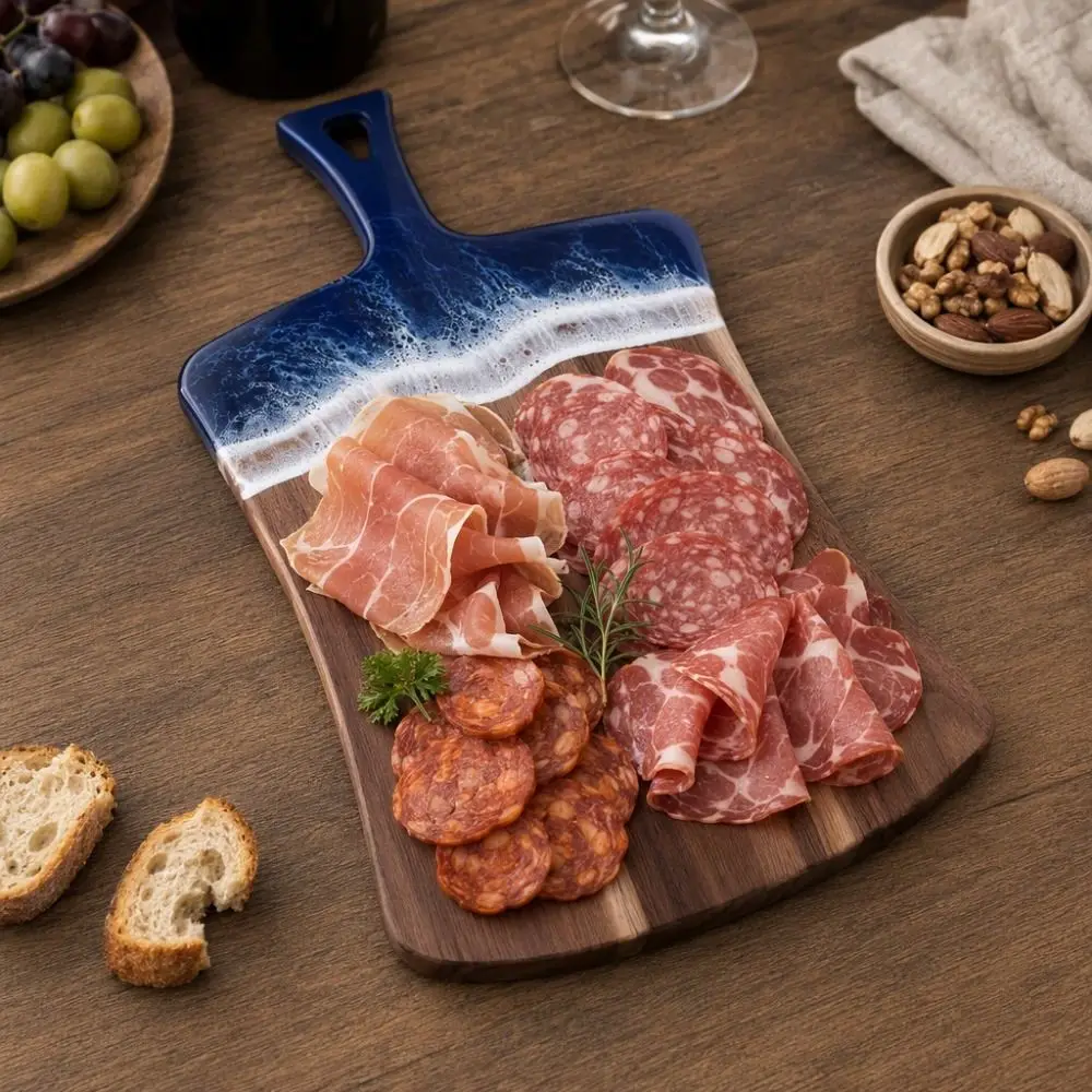 Sea Wave Pattern Resin-Wood Splicing Cutting Board Hanging Handle Thickened Bread Serving Board Rectangular Cheese Platter Gift