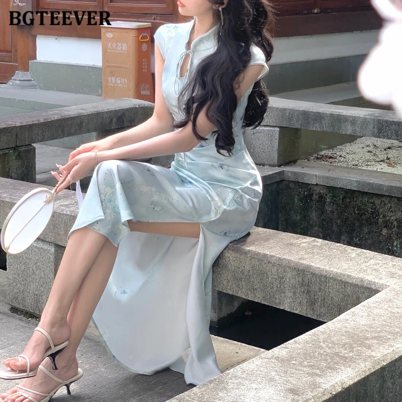 BGTEEVER Summer Vintage Stand Collar Lace-up Women cheongsam Package Hip Dress Elegant Slim Ladies Side Split Bodycon Dress