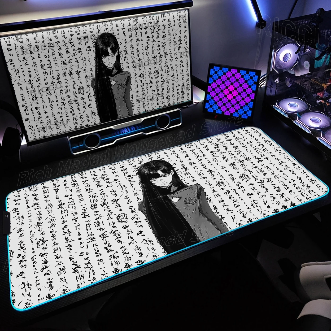

RGB Black And White Text Girls Desk Mat Dark Anime Girl MousePad Gaming Accessories Gamer Keyboard Extended Mousepad LED Playmat