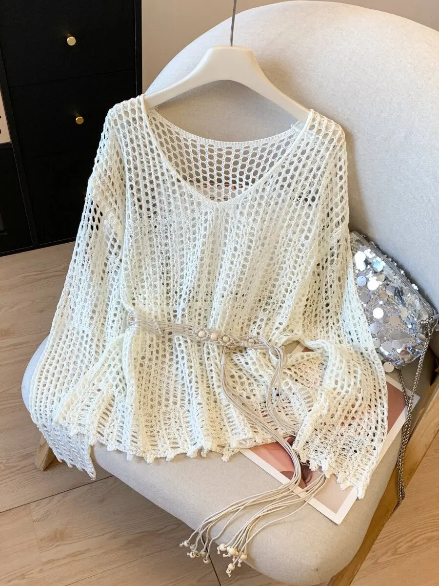 

Женская мягкая вязаная кофта с длинными рукавами, ажурная, свободного кроя, с защитой от солнца, в стиле рыболовной сетки, повседневная, для путешествий, с V-образным вырезом, из полиэстера.