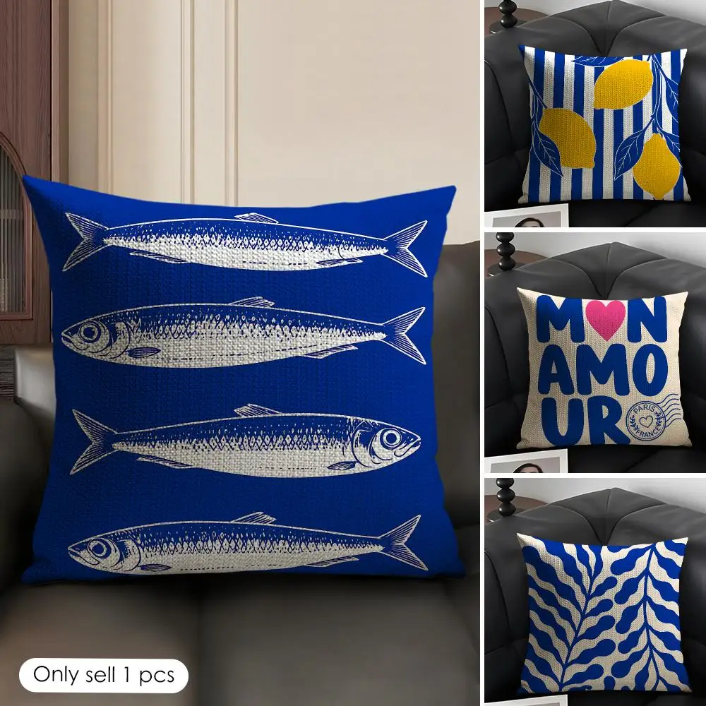 Cobalt Mediterranean Summer Cushion Cover Natural Linen Organic Fabric Double-Sided Printing Breathable Perfect Gift For Decor