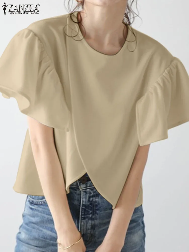 ZANZEA Women Asymmetrical Simple Tops 2024 Summer Ruffled Short Sleeve Tees Fashion Round Neck Tunics Casual Loose Solid Blouses