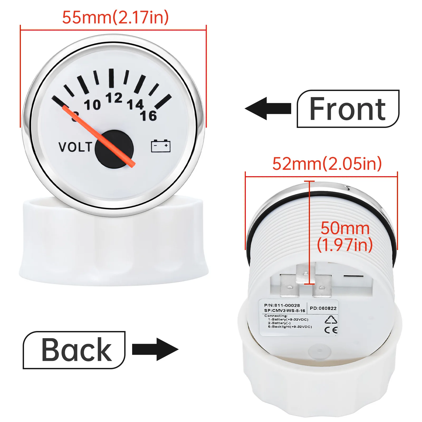 52mm Volt Meter Marine Auto Voltmeter 8-16V 16-32V Waterproof Gauge Universal For Motorcycle Car Boat Marine With Red Backlight