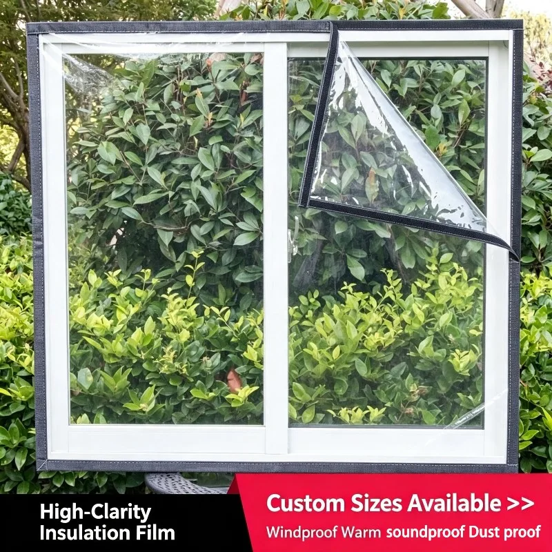 Clear Window Warmth Retention Film, PVC Windproof Thermal Curtain, Double Stitched Short Velvet Border Window Insulation Cover