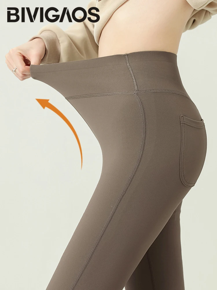 BIVIGAOS-pantalones de piel de tiburón con bolsillo trasero para mujer, mallas deportivas de cintura alta para Yoga, correr, informales, Otoño, 2024