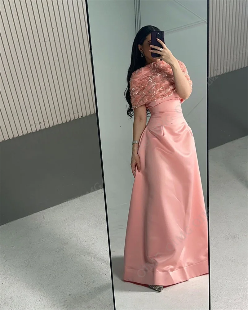 OIMG Luxury Pink Short Sleeves Elegant Green A Line Satin Evening Dress 2024 Lace Appliques Prom Formal Party Satin Gowns Custom