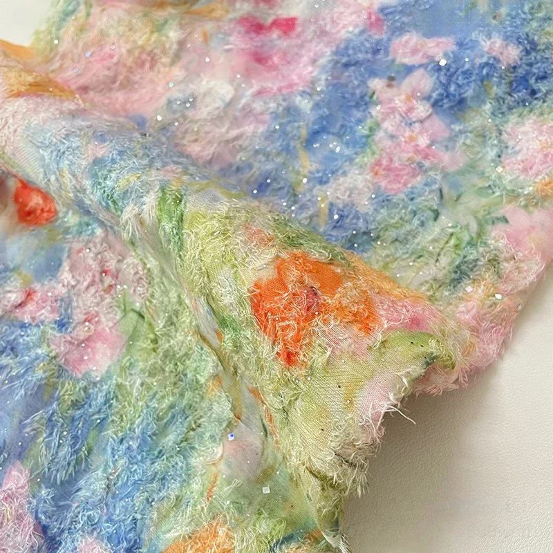 レトロ油絵風ジャカード生地-100x145cm-中華風プラッシュタッセルシフォン-diy縫製用-チャイナドレス・漢服生地