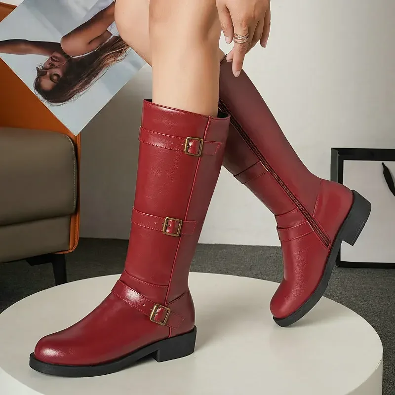 Plus Size 45 47 48 Brown Wine Red Buckle Belt Designer Women Shoes Western Casual Riding Equestrian Med Heels Mid-calf Boots