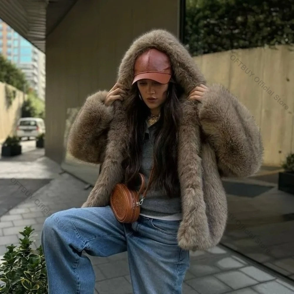 Chic Faux Fur Coat  with Hood Women 2026 Winter Fashion Elegant Thick Warm Fluffy Artificial Fur Overcoat High Street Luxury New