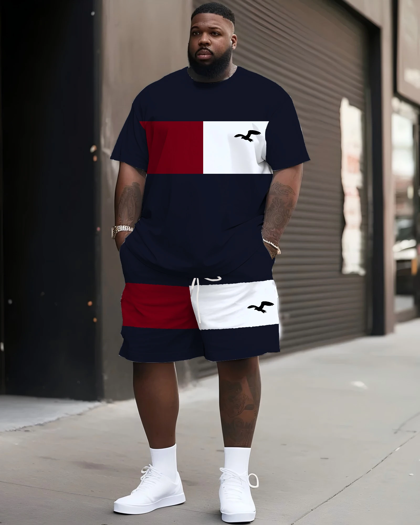 

2025 Best-Selling Plus-Size Urban Color-Blocking Check Pattern with Eagle Graphic Men's T-Shirt & Shorts 2pc Set
