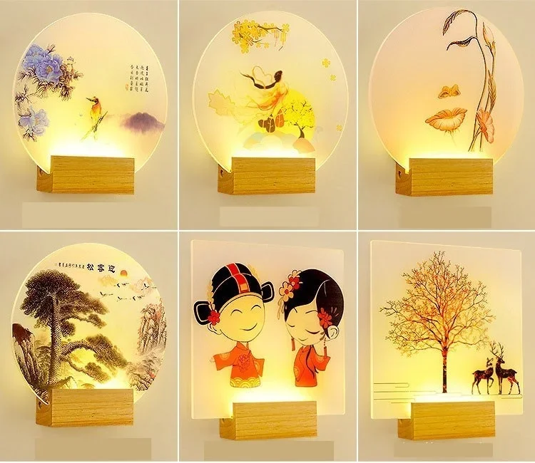 

Modern Creative Indoor Wall Lamp For Bedroom Round Square 8w Bedside Living Room Aisle Warm Lights With Solid Wood Base