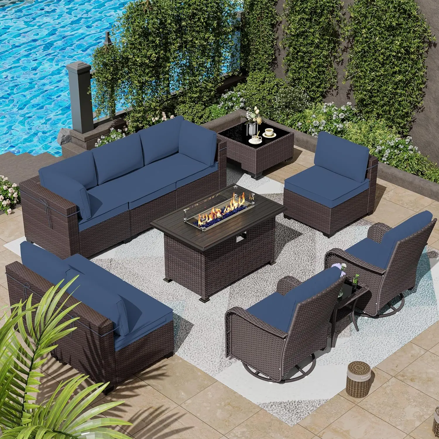 11 Piece Patio Furniture Set with 2 Swivel Chairs with 55000 Gas Fire Pit Patio Conversation Set with 7 Cushions，Blue