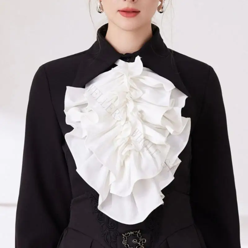 R7UF Detachable Faux Collar with Layered Ruffled Front, Courtly-Style Neckwear for Shirt, Dresses, and Sweaters
