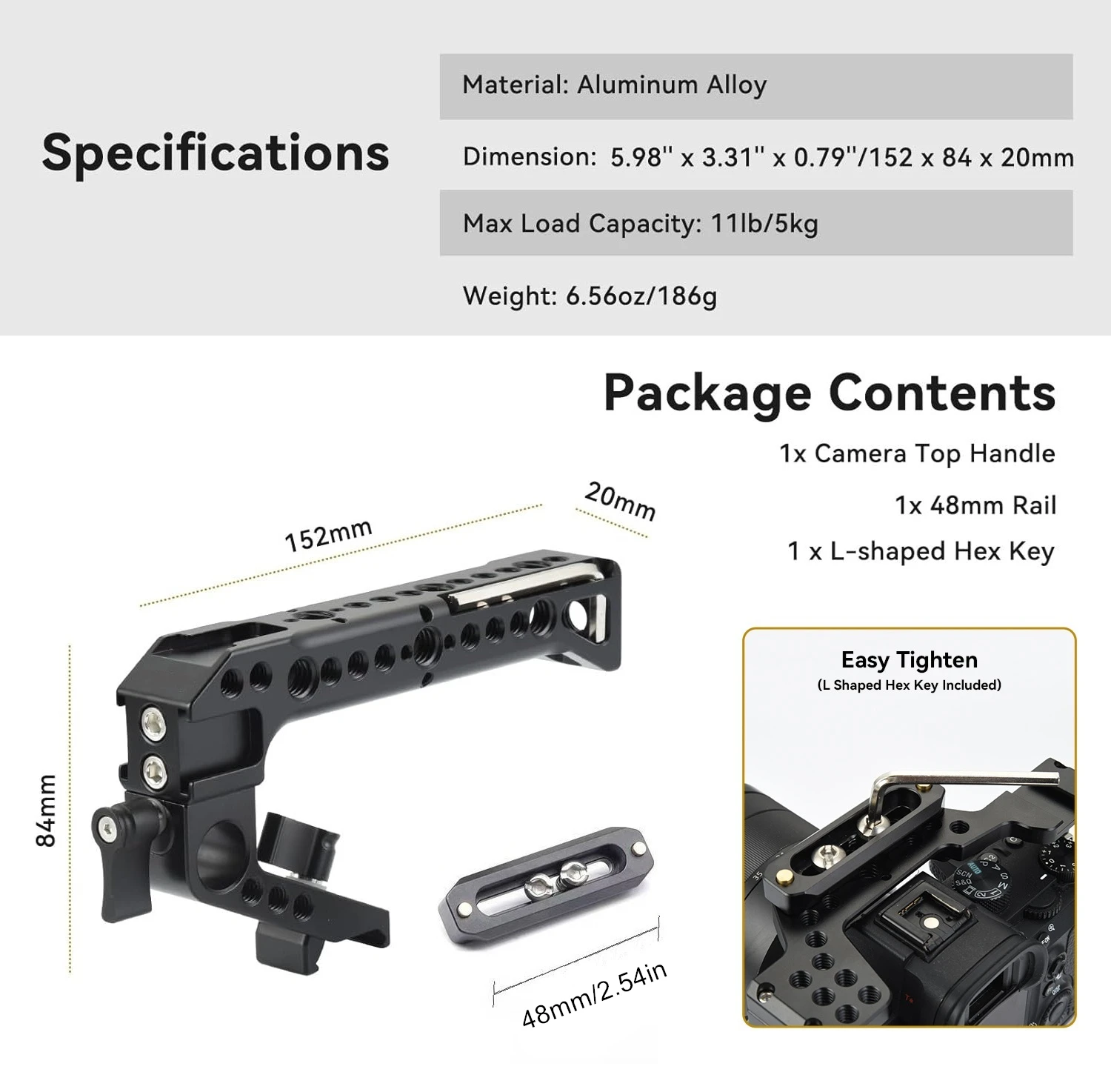Camera Top Handle Grip Kit with 48mm NATO Rail, Ergonomic Camera Cage Aluminum Alloy Handle for Video Recording &Low Angle Shots