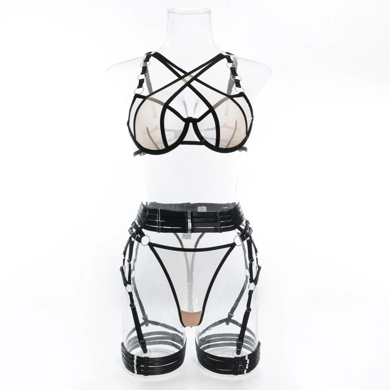 

Bikini with mesh inserts, metal ring straps, underwire, push-up, tie-up waistband, sexy lingerie set, swimsuit