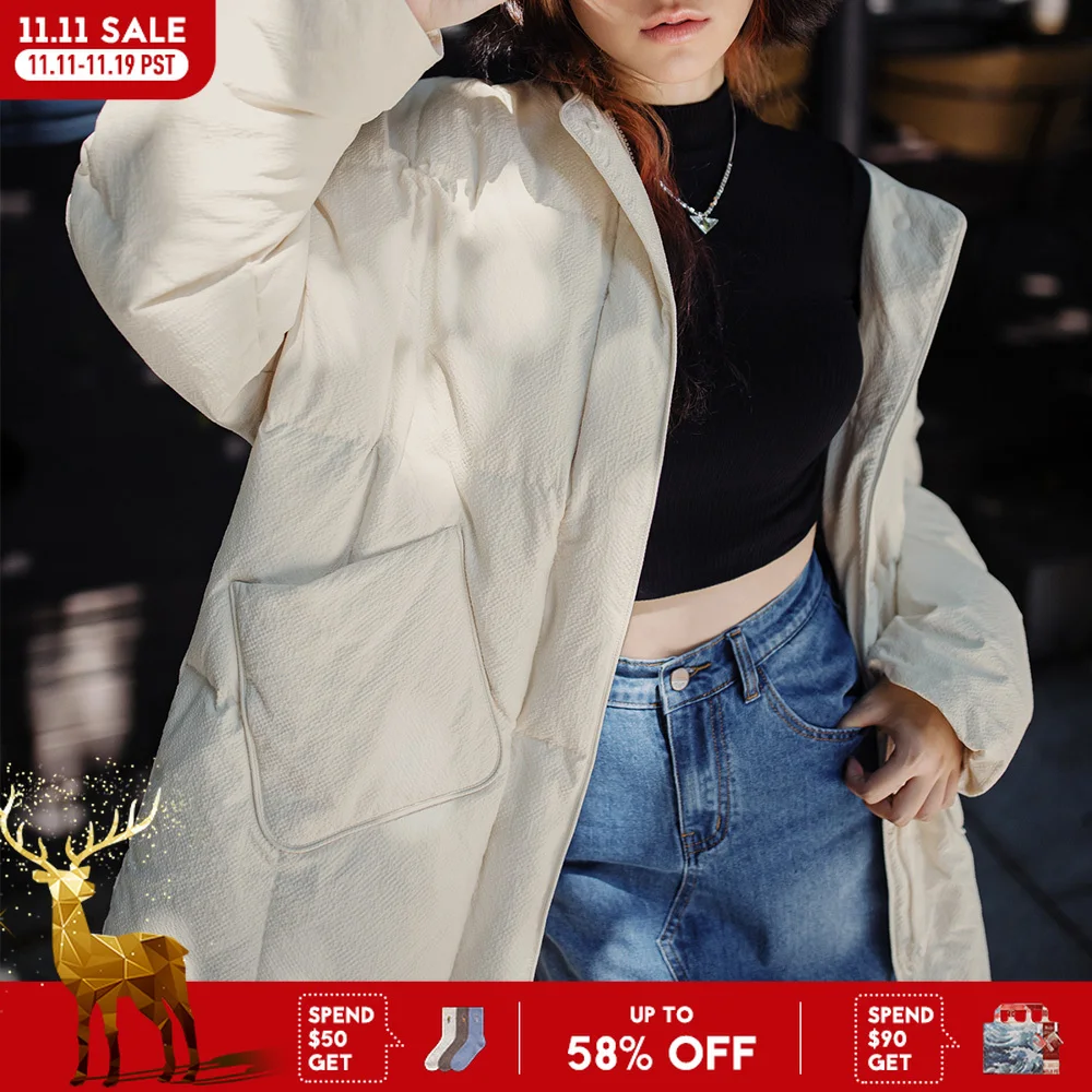 マデン-女性用ミドル丈ダックダウンコート,厚手のオーバーコート,暖かい女性用ジャケット,襟なし,90ホワイト,冬