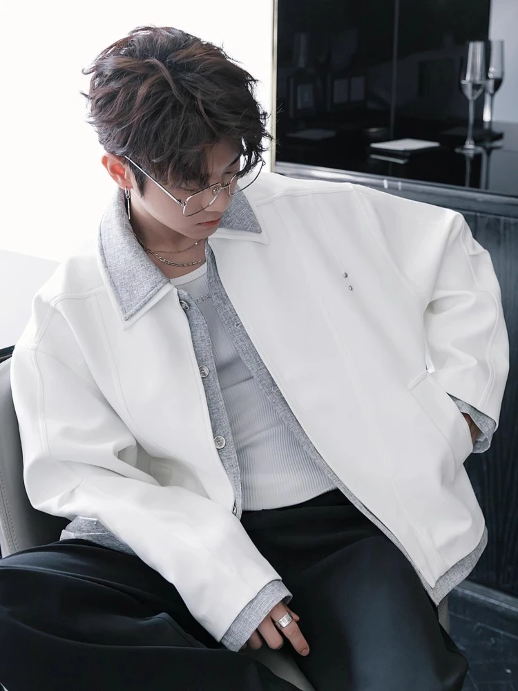 Two-Tone Paneled Jacket Men Black-White Chic Oversized CoatDark Street Style Layered Jacket Fall Slouchy Rivet Accent Outerwear