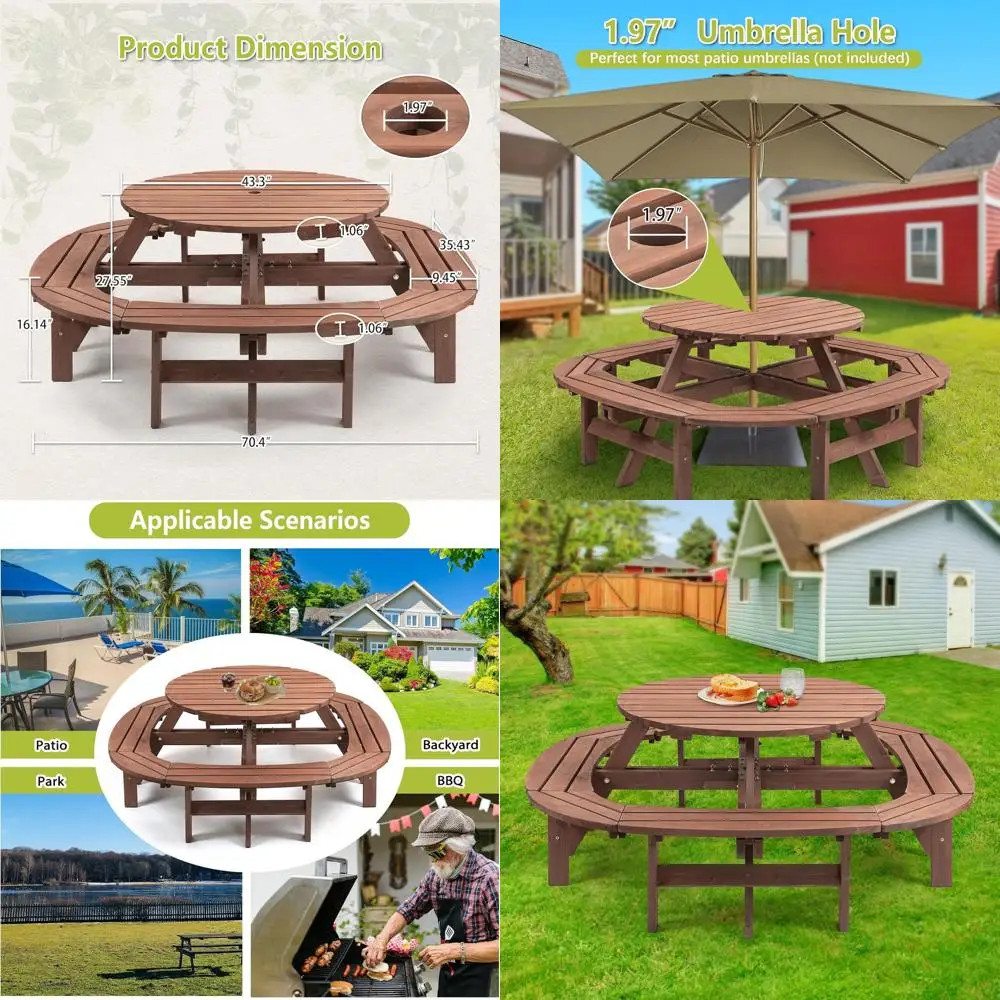 

12-Person Circular Wooden Picnic Table with Built-in Benches, Outdoor Dining Set for Camping, Patio Backyard, Brown