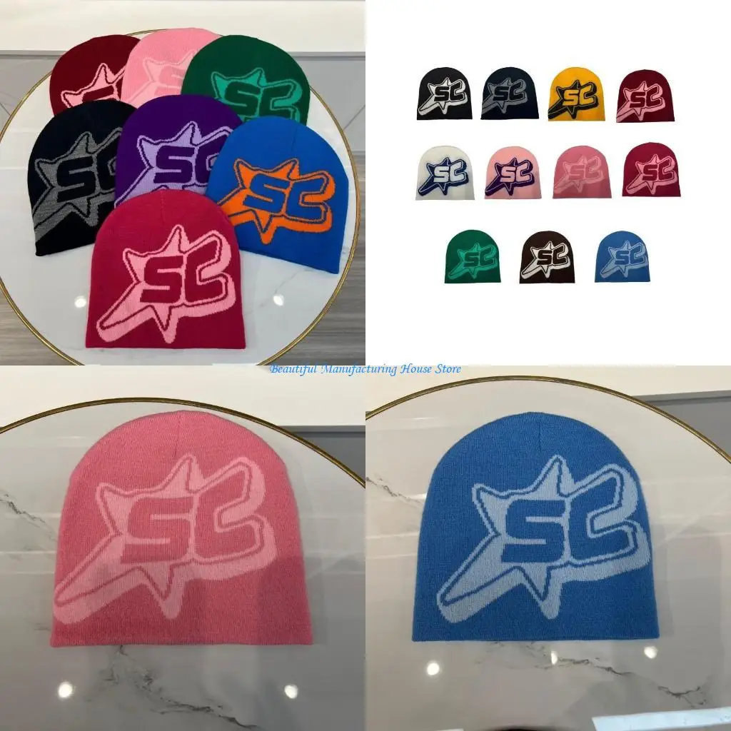 

E56A Knitted Beanie Hat for Students Adult Windproof Foldable Winter Hat Handmade Jacquard Letter Keep Warm Cycling Hat