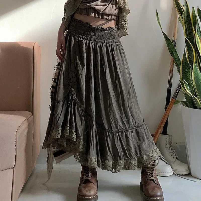 

Pleated Skirts y2k Fairycore Ruffles Shirring Lace Trim Cute Midi Skirts Women Holiday Prepply Chic Skirts Korean Harajuku