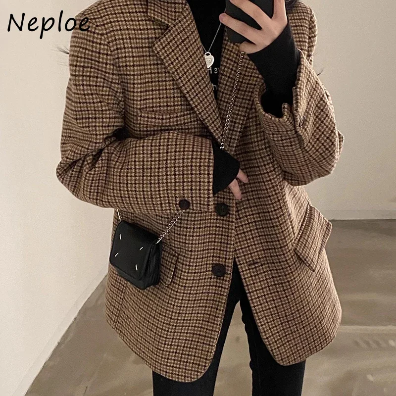 Neploe Korean Chic Vintage Style Suit Collar Contrast Bird Checker Jackets Femme Loose Versatile Long Sleeve Woolen Short Coat