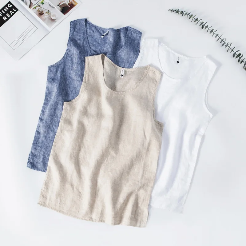 L886 High Quality 100% Linen Vest Men Summer Fashion Solid Color O-neck Sleeveless Waistcoat Simple Casual Loose Daily Tank Tops