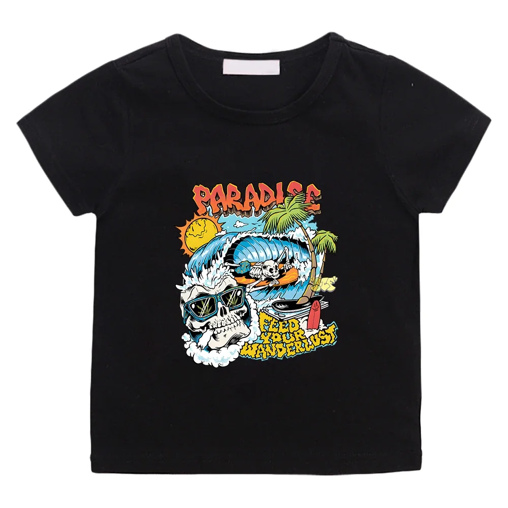 Paradise Skeleton Summer Tee-shirt 100% Cotton Short Sleeve Casual Tshirt Kawaii Cartoon Graphic Printing T-shirt Boys and Girls